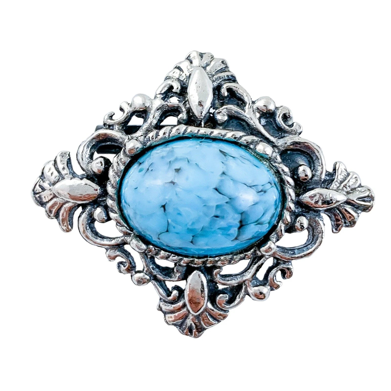 Vintage 1970s Czechoslovakian silvered brooch and ear clips set with blue Peking glass