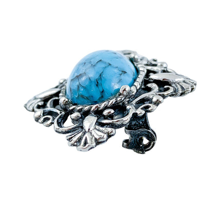 Vintage 1970s Czechoslovakian silvered brooch and ear clips set with blue Peking glass