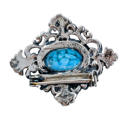 Vintage 1970s Czechoslovakian silvered brooch and ear clips set with blue Peking glass