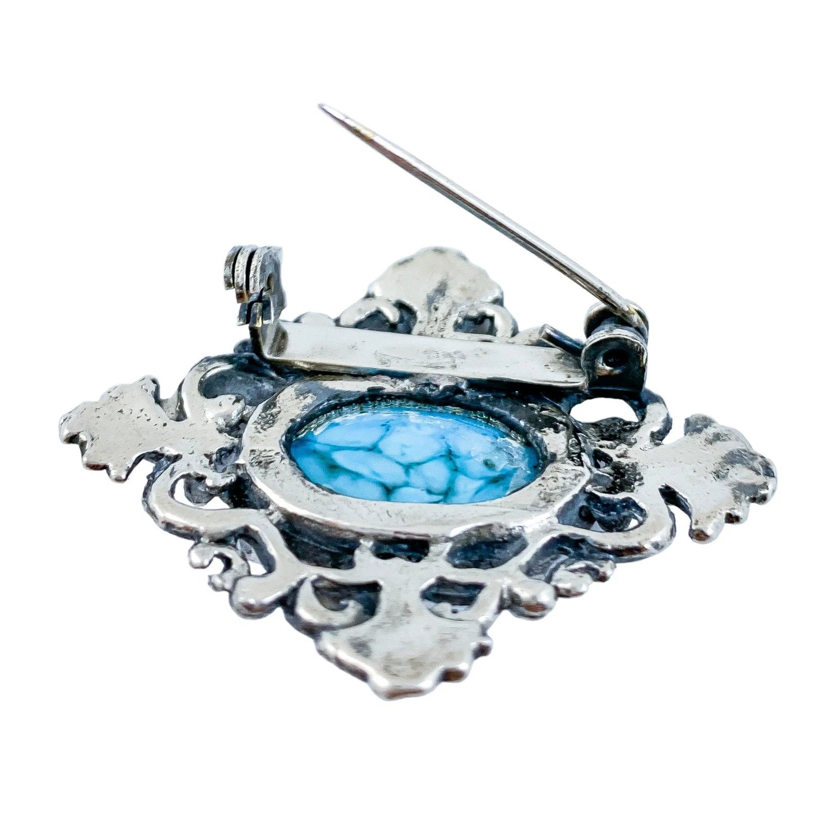 Vintage 1970s Czechoslovakian silvered brooch and ear clips set with blue Peking glass