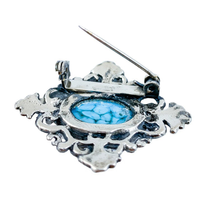 Vintage 1970s Czechoslovakian silvered brooch and ear clips set with blue Peking glass