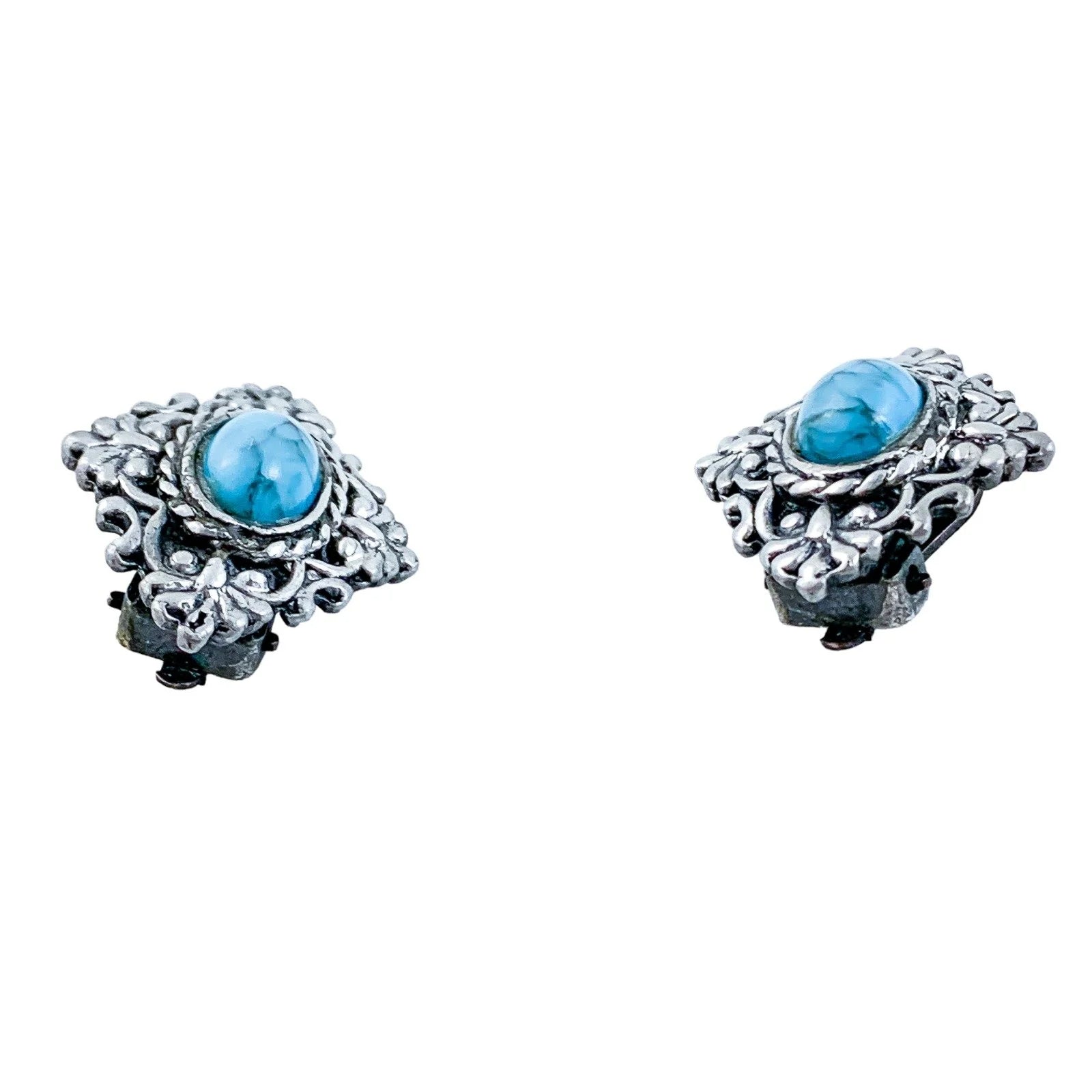 Vintage 1970s Czechoslovakian silvered brooch and ear clips set with blue Peking glass
