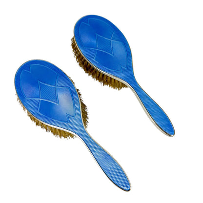 Art Deco Asprey silver and blue guilloche enamel vanity brush mirror set