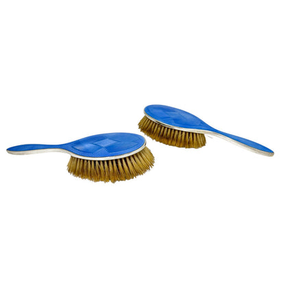 Art Deco Asprey silver and blue guilloche enamel vanity brush mirror set