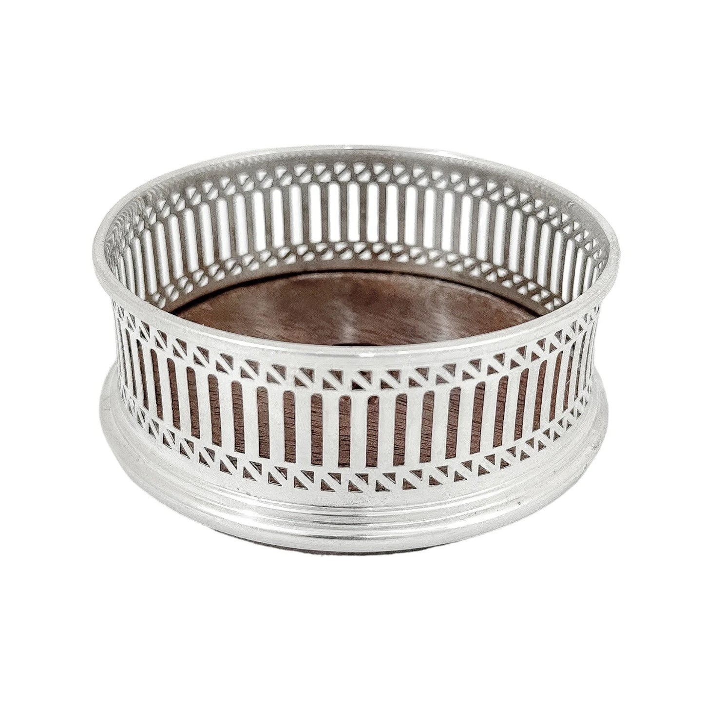 Victorian style mahogany and sterling silver bottle coaster with pierced border