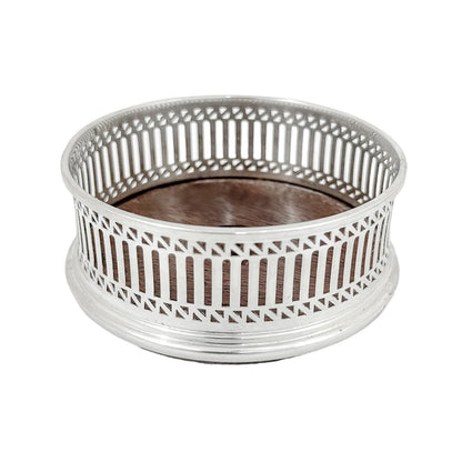 Victorian style mahogany and sterling silver bottle coaster with pierced border