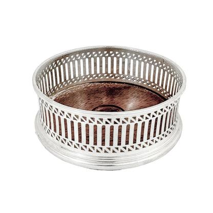 Victorian style mahogany and sterling silver bottle coaster with pierced border
