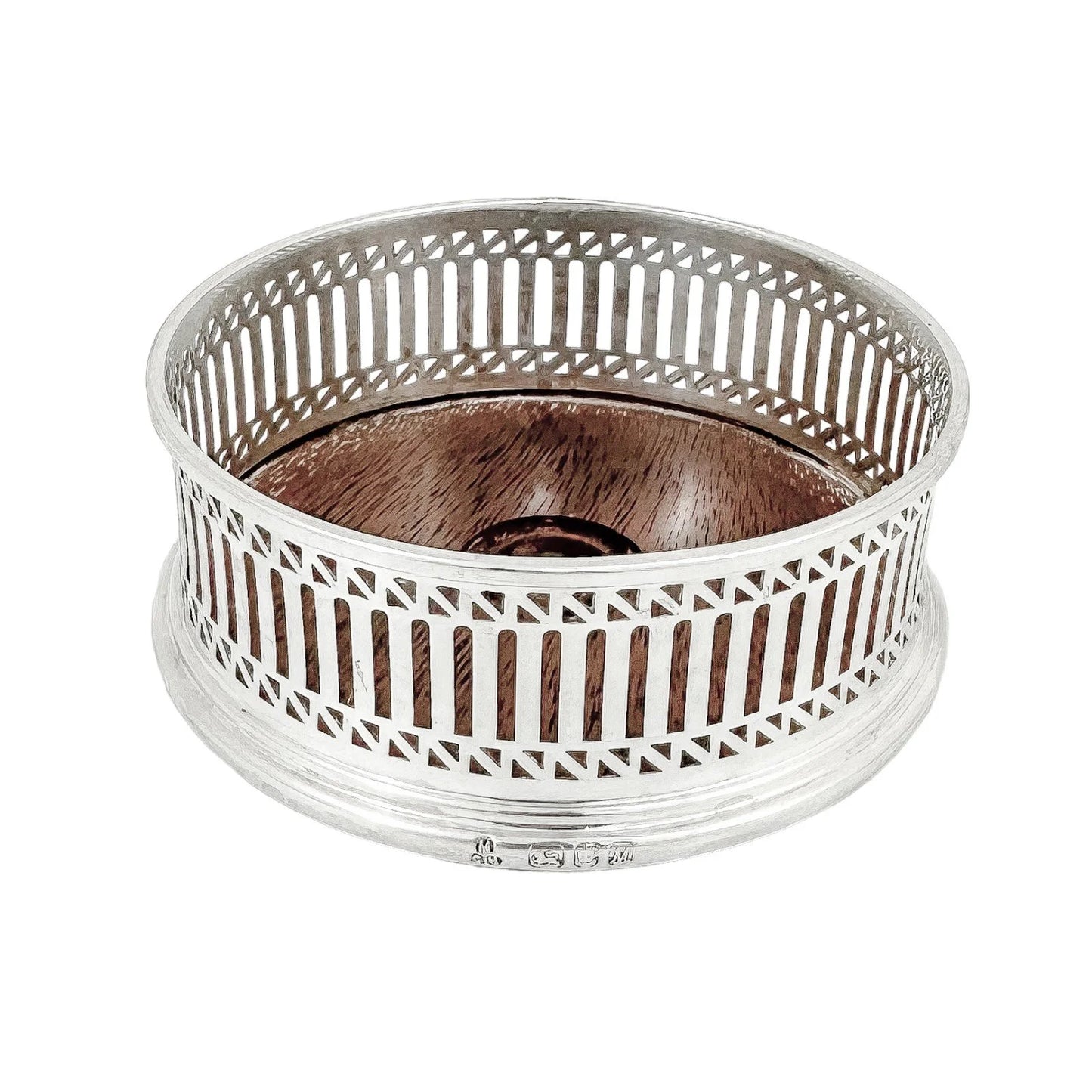 Victorian style mahogany and sterling silver bottle coaster with pierced border