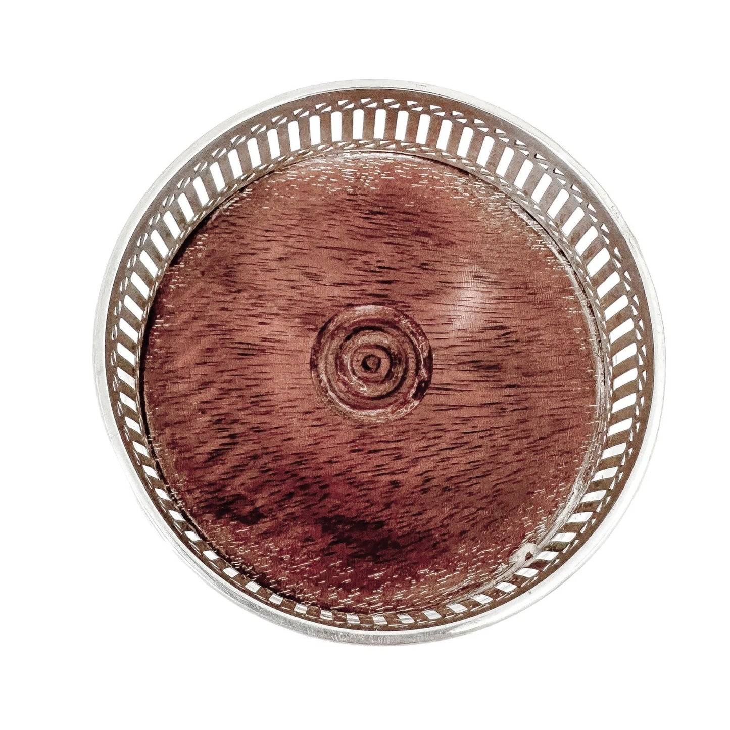Victorian style mahogany and sterling silver bottle coaster with pierced border