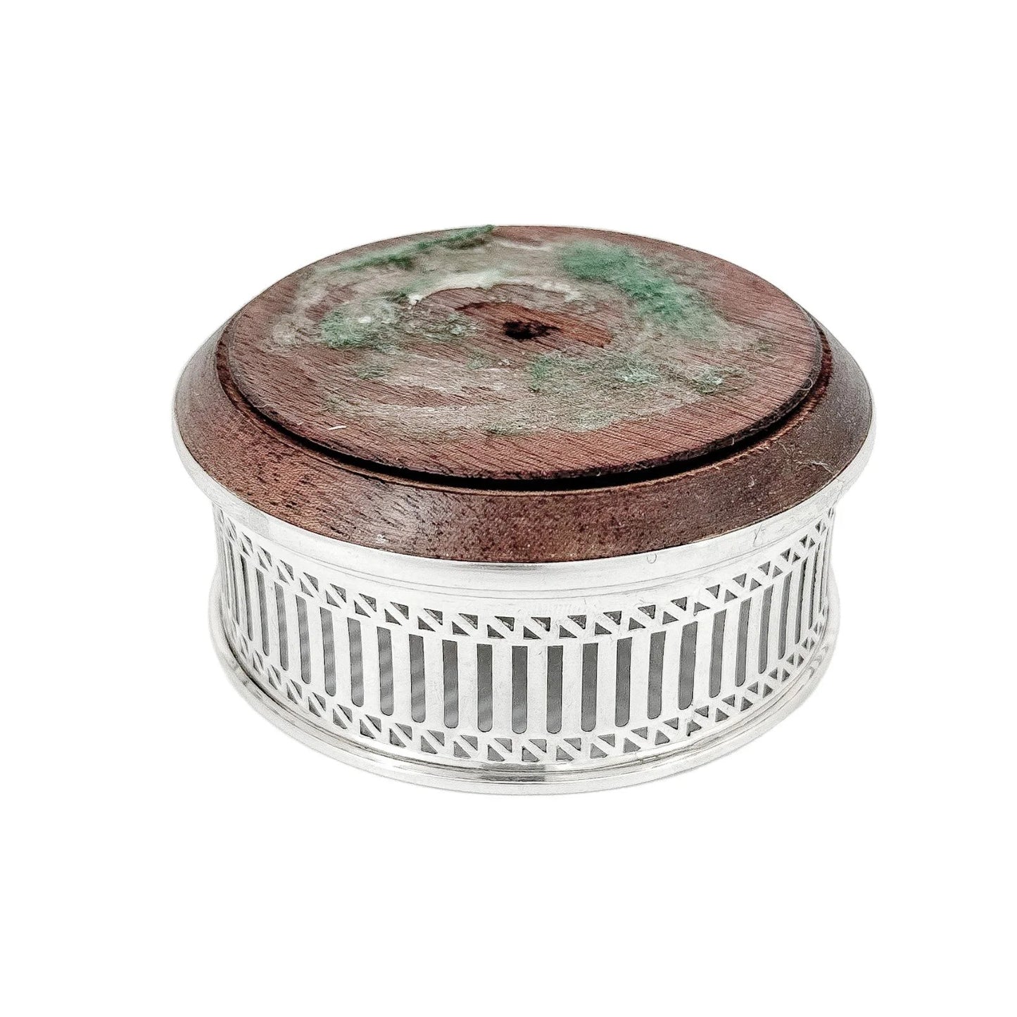 Victorian style mahogany and sterling silver bottle coaster with pierced border