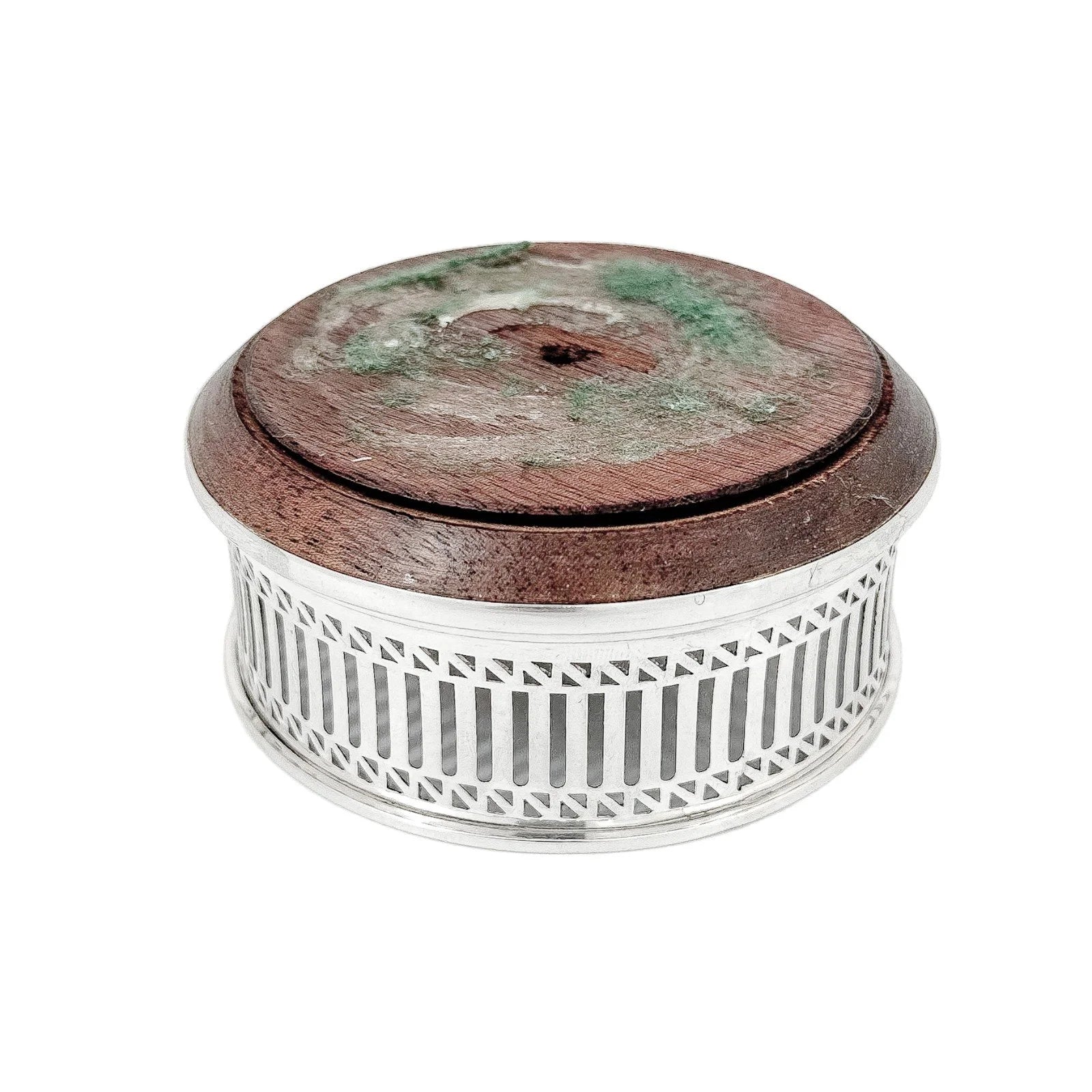 Victorian style mahogany and sterling silver bottle coaster with pierced border
