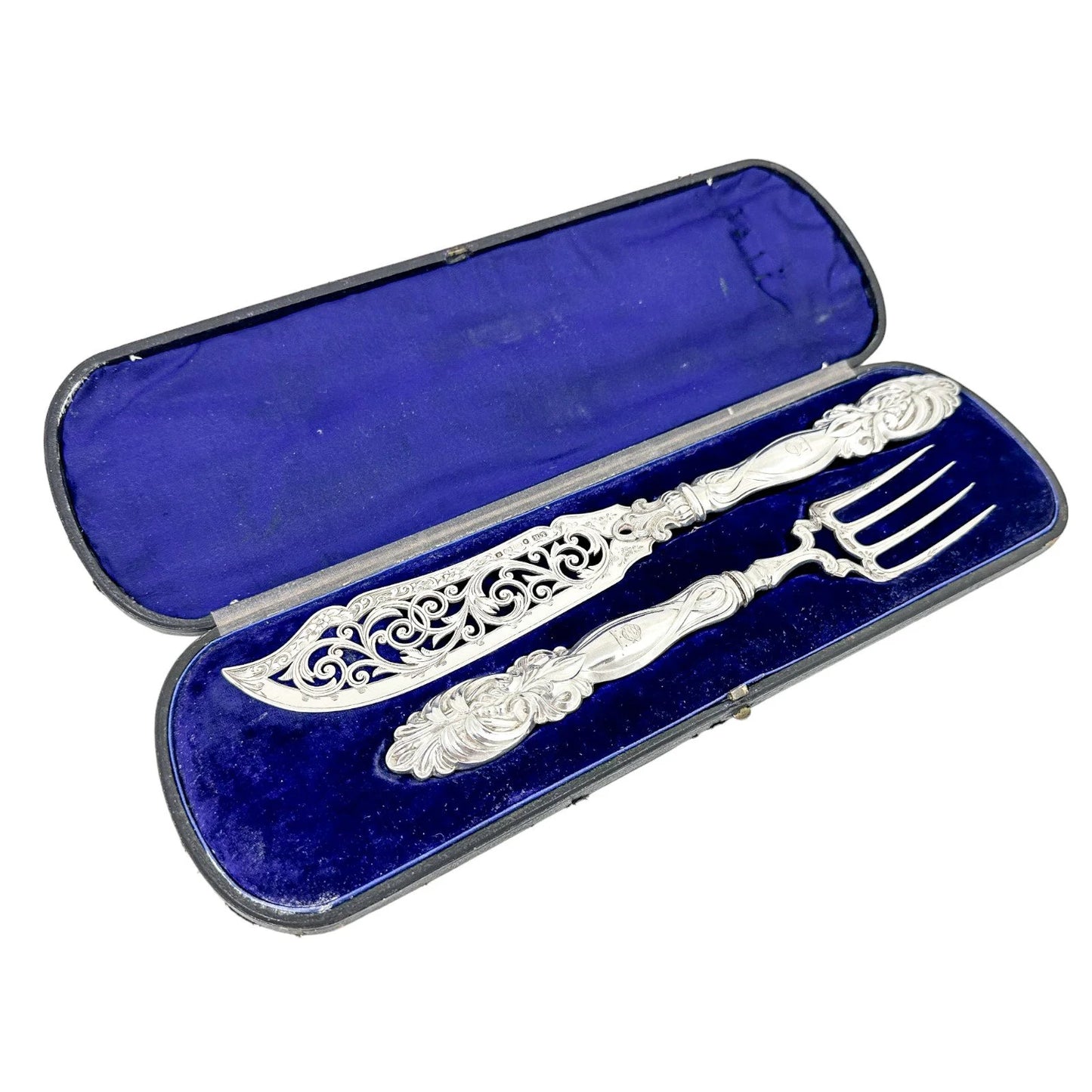 Victorian cased sterling silver fish serving set in Art Nouveau design