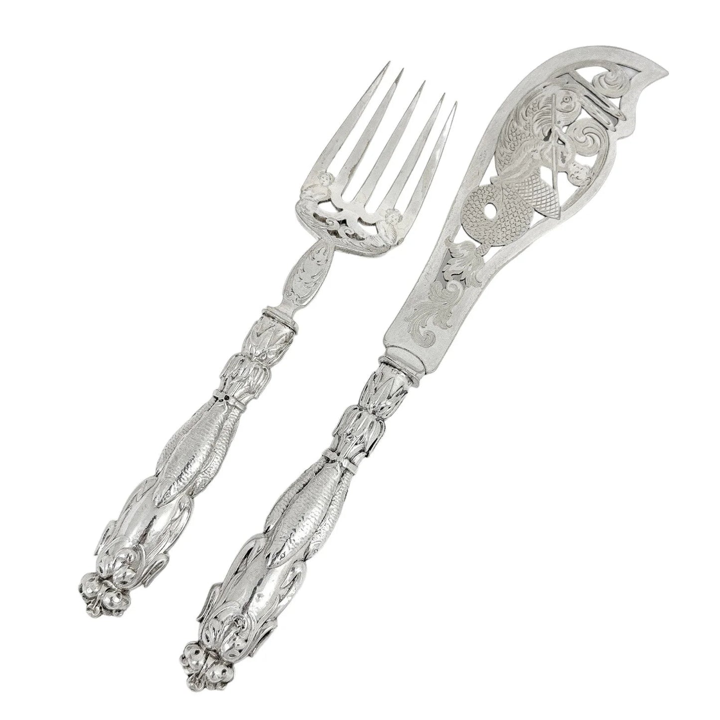 Mid-Victorian sterling silver fish server set embossed with Renaissance sea monsters