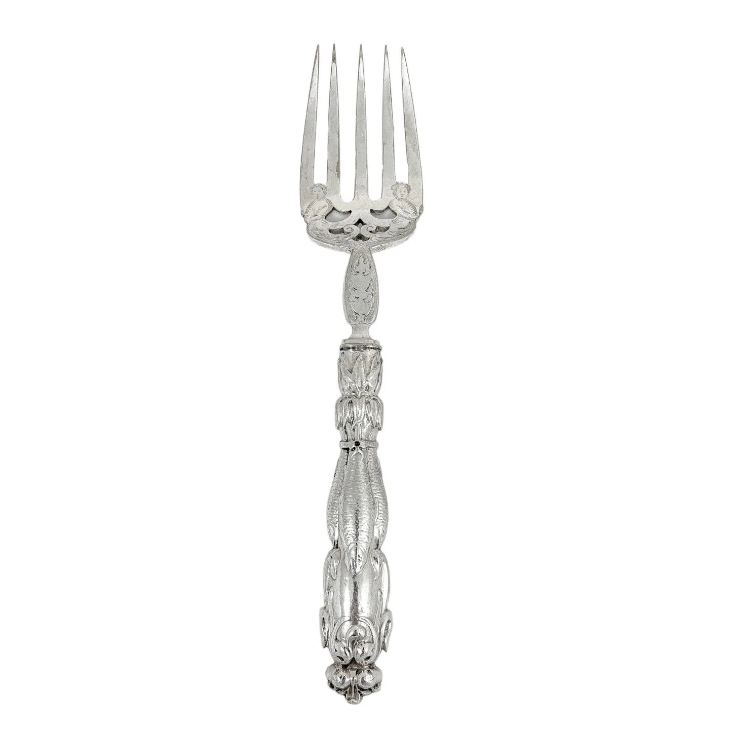 Mid-Victorian sterling silver fish server set embossed with Renaissance sea monsters