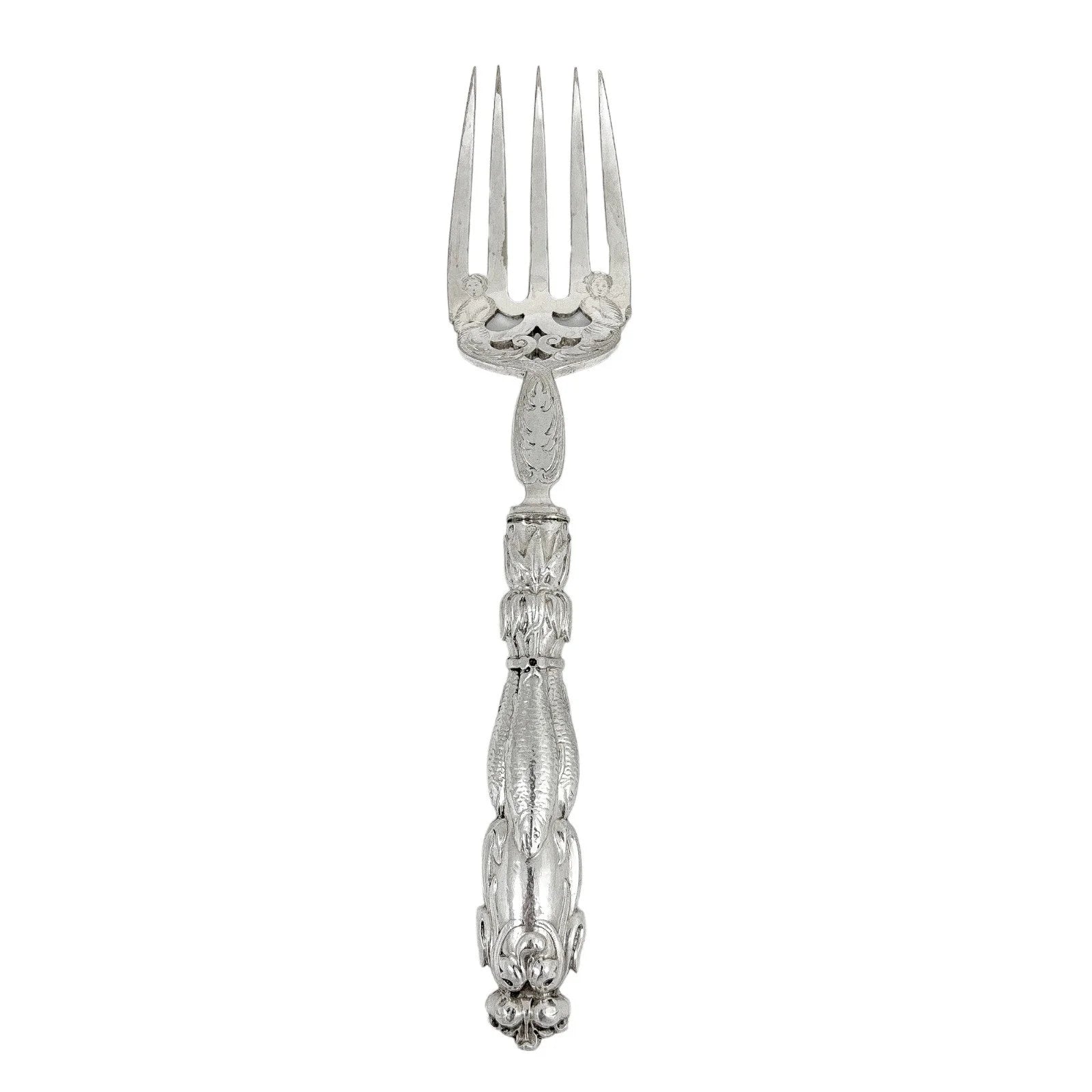 Mid-Victorian sterling silver fish server set embossed with Renaissance sea monsters