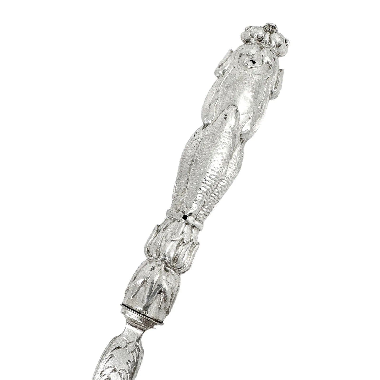 Mid-Victorian sterling silver fish server set embossed with Renaissance sea monsters