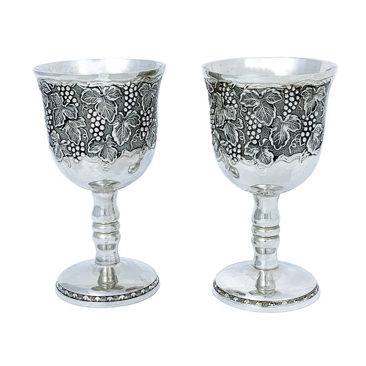 Vintage pair of Sabbath Kiddush wine goblets decorated with fruiting vines and grapes