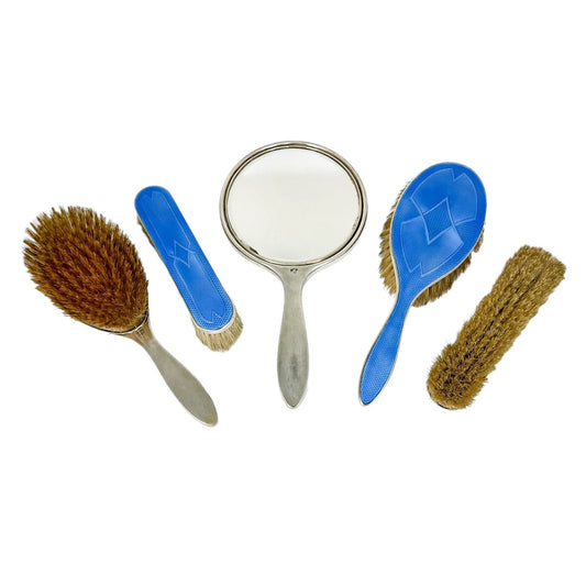 Art Deco Asprey silver and blue guilloche enamel vanity brush mirror set