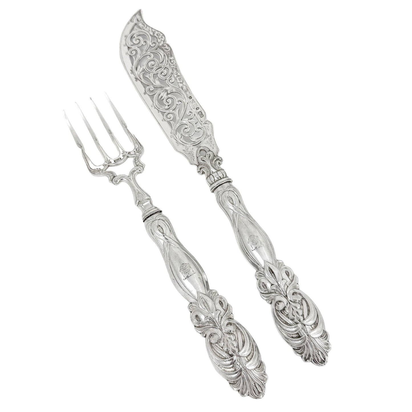 Victorian cased sterling silver fish serving set in Art Nouveau design