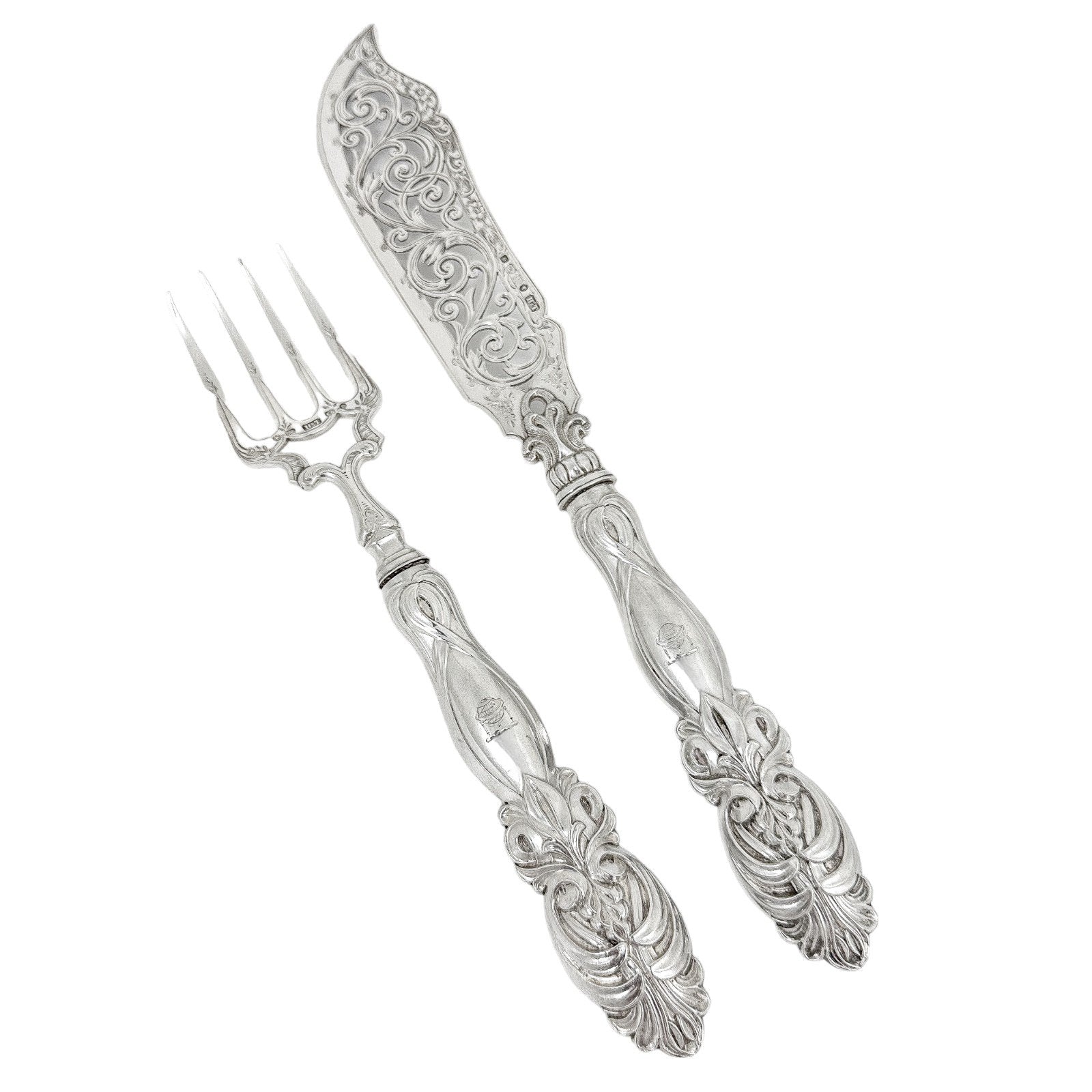 Victorian cased sterling silver fish serving set in Art Nouveau design