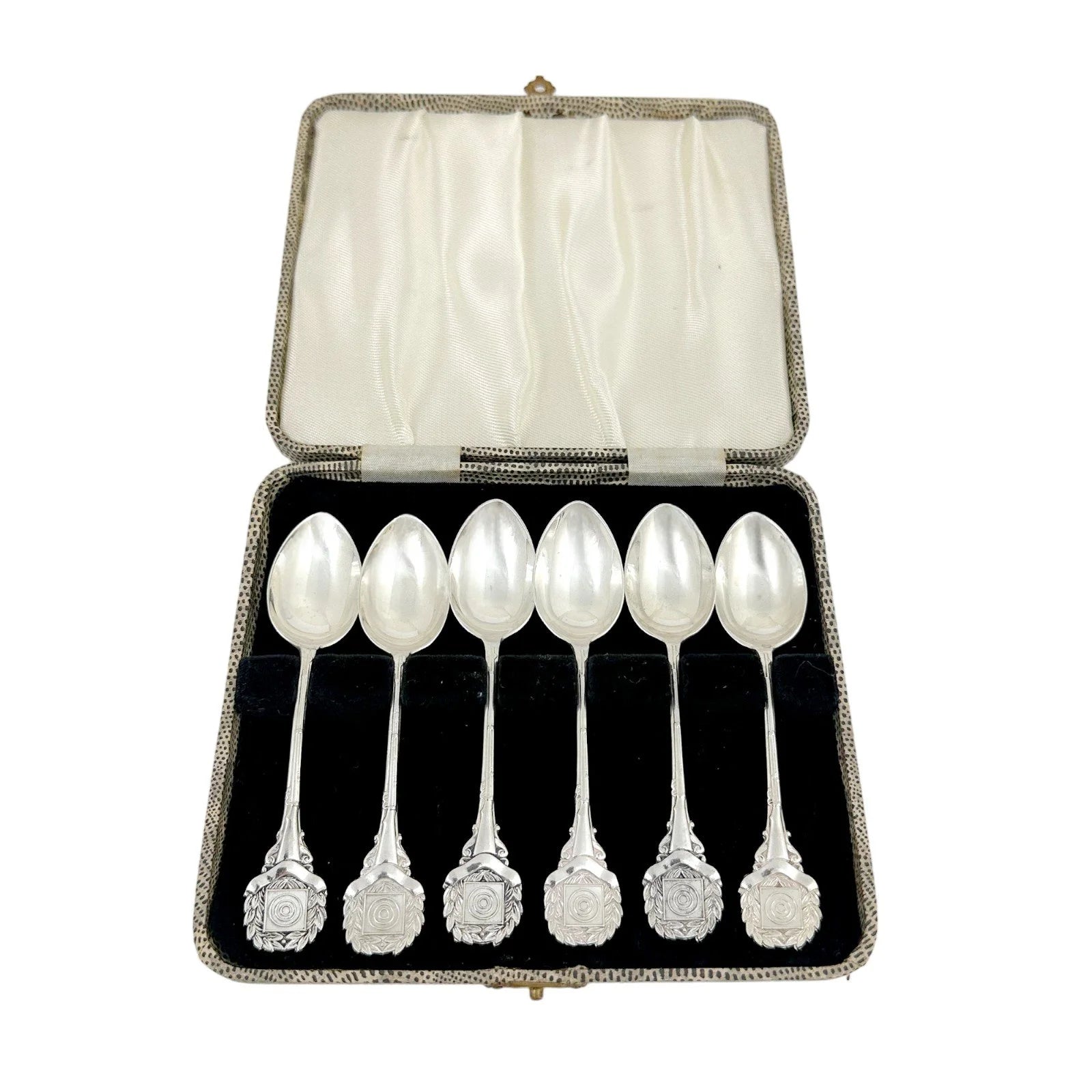 Edwardian boxed set 6 sterling silver demitasse coffee spoons; sporting interest