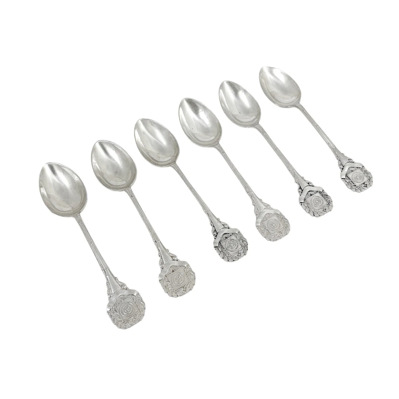 Edwardian boxed set 6 sterling silver demitasse coffee spoons; sporting interest