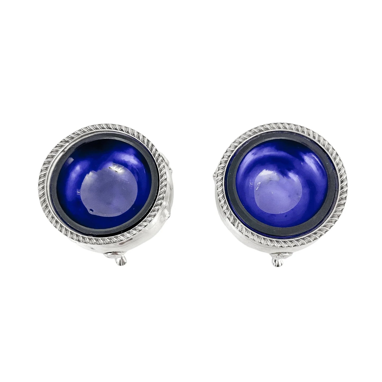 Pair of Edwardian sterling silver cauldron salt cellars with blue glass inserts