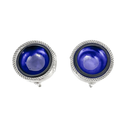 Pair of Edwardian sterling silver cauldron salt cellars with blue glass inserts