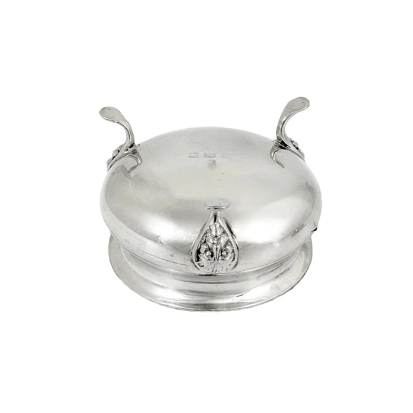 Pair of Edwardian sterling silver cauldron salt cellars with blue glass inserts