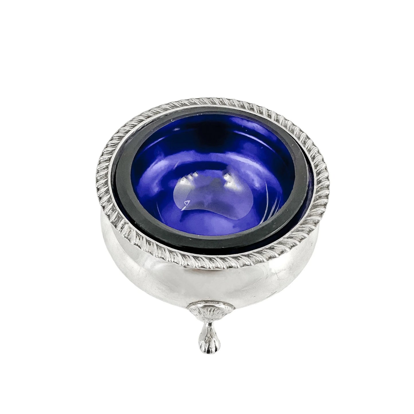 Pair of Edwardian sterling silver cauldron salt cellars with blue glass inserts