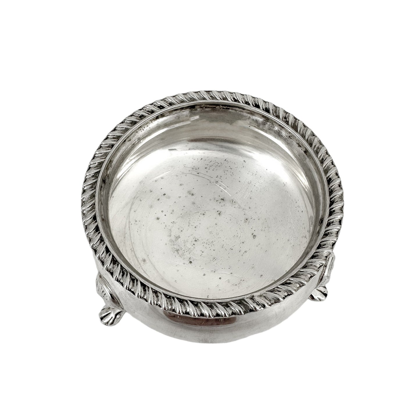 Pair of Edwardian sterling silver cauldron salt cellars with blue glass inserts
