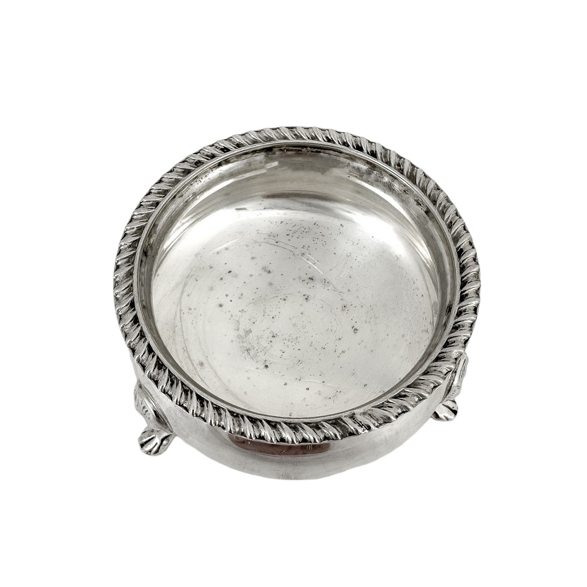 Pair of Edwardian sterling silver cauldron salt cellars with blue glass inserts