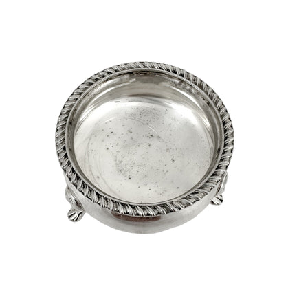 Pair of Edwardian sterling silver cauldron salt cellars with blue glass inserts