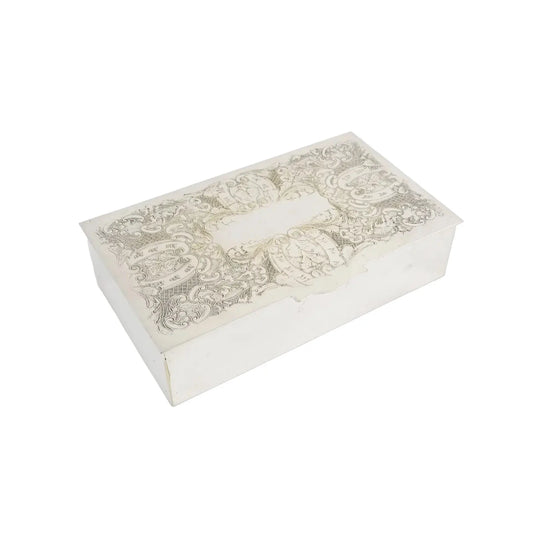 Large 1930's silver plated cigarette / jewellery box decorated with scrolls to lid