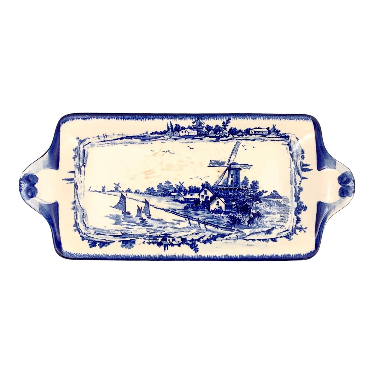 Pair of Royal Doulton serving platters, blue and white “Norfolk” windmill design, hexagonal dish