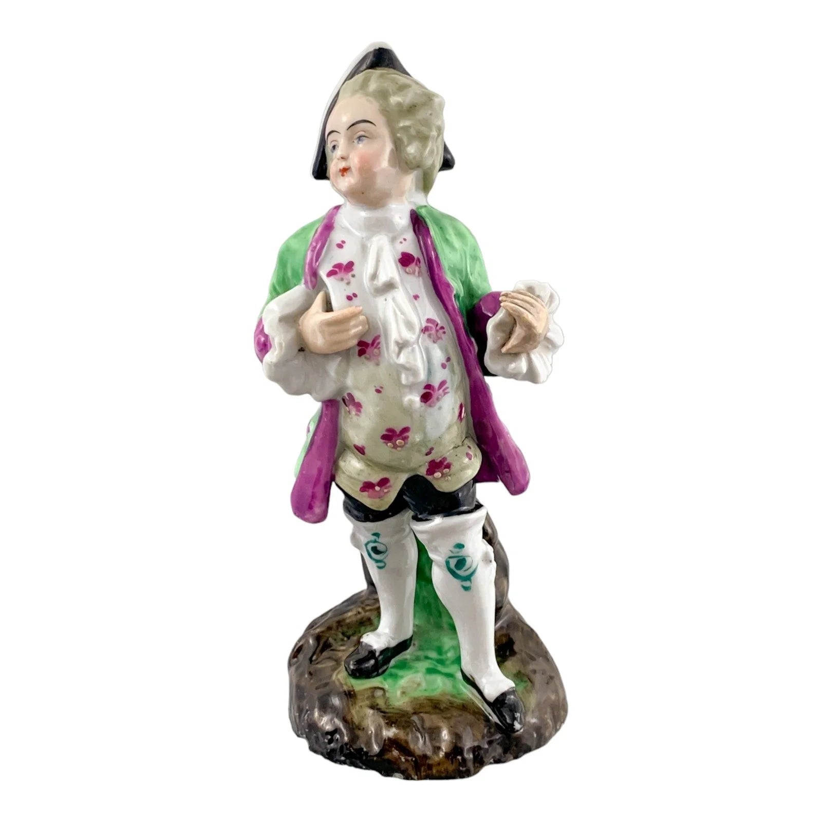 Victorian set of 3 German porcelain figurines – Regency dandy, fruit seller and musician