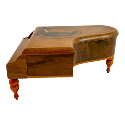Antique Thorens baby grand piano walnut music jewellery box, silk lined, Emperor Waltz