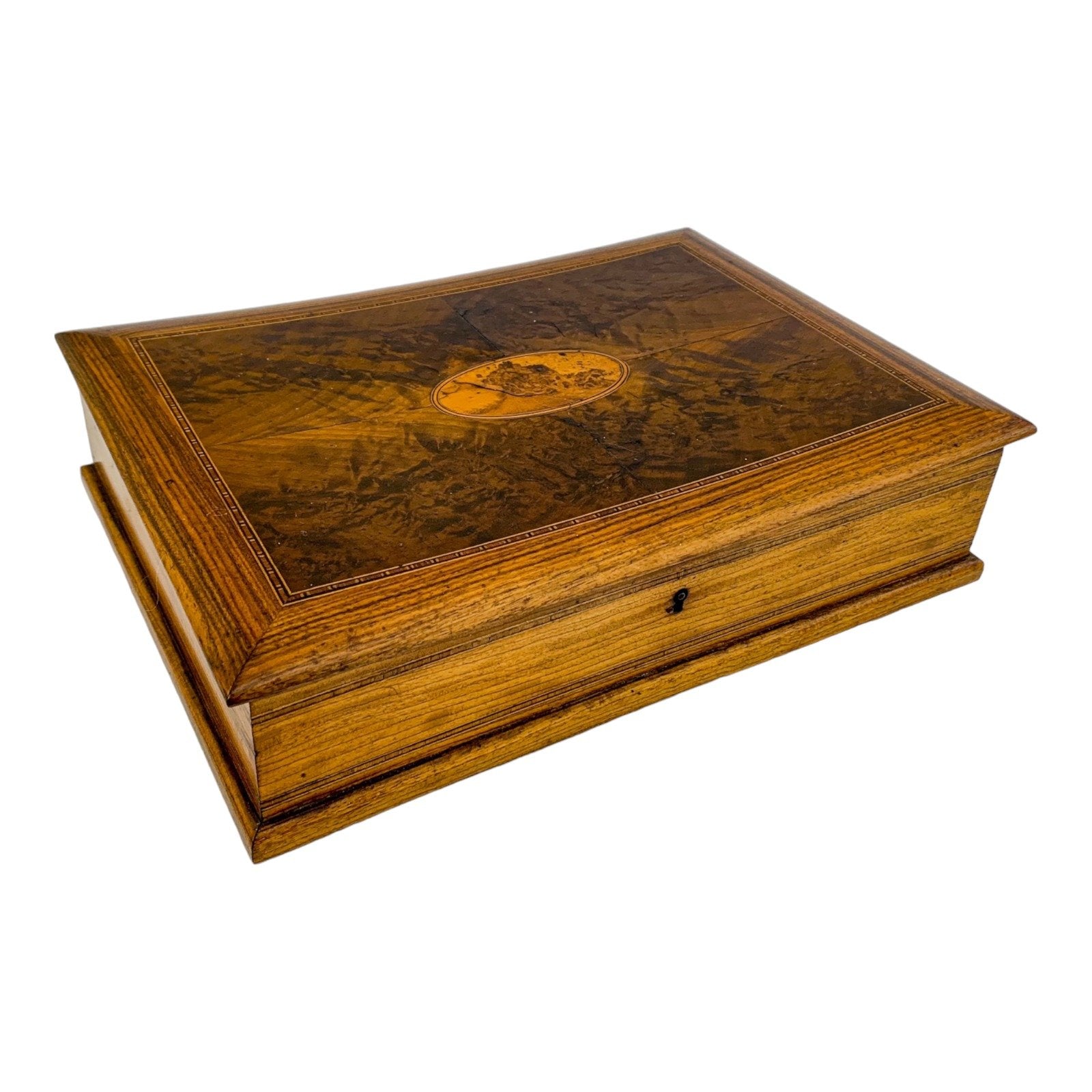 Victorian burr walnut sewing / letter box with contents