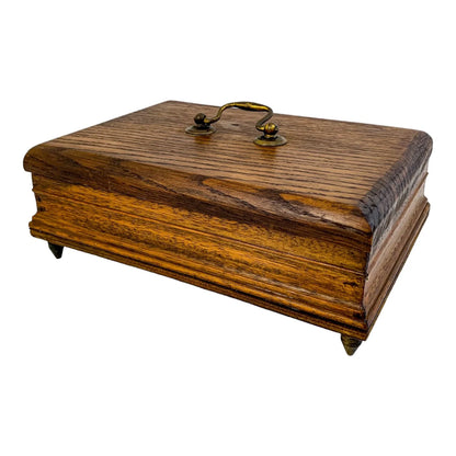 Edwardian casket oak sewing / jewellery storage box with removable lid