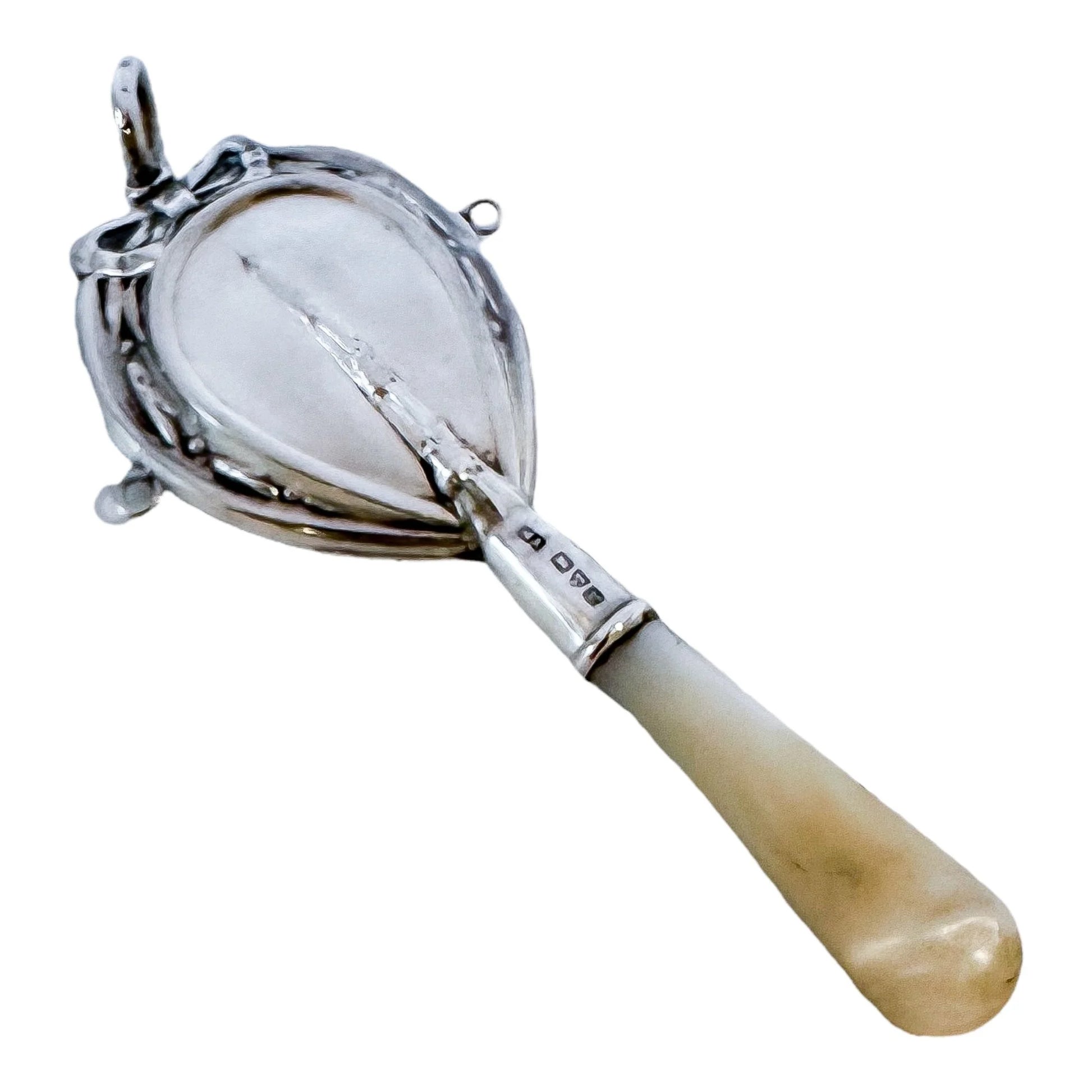 Edwardian Chester sterling silver and mother of pearl baby rattle
