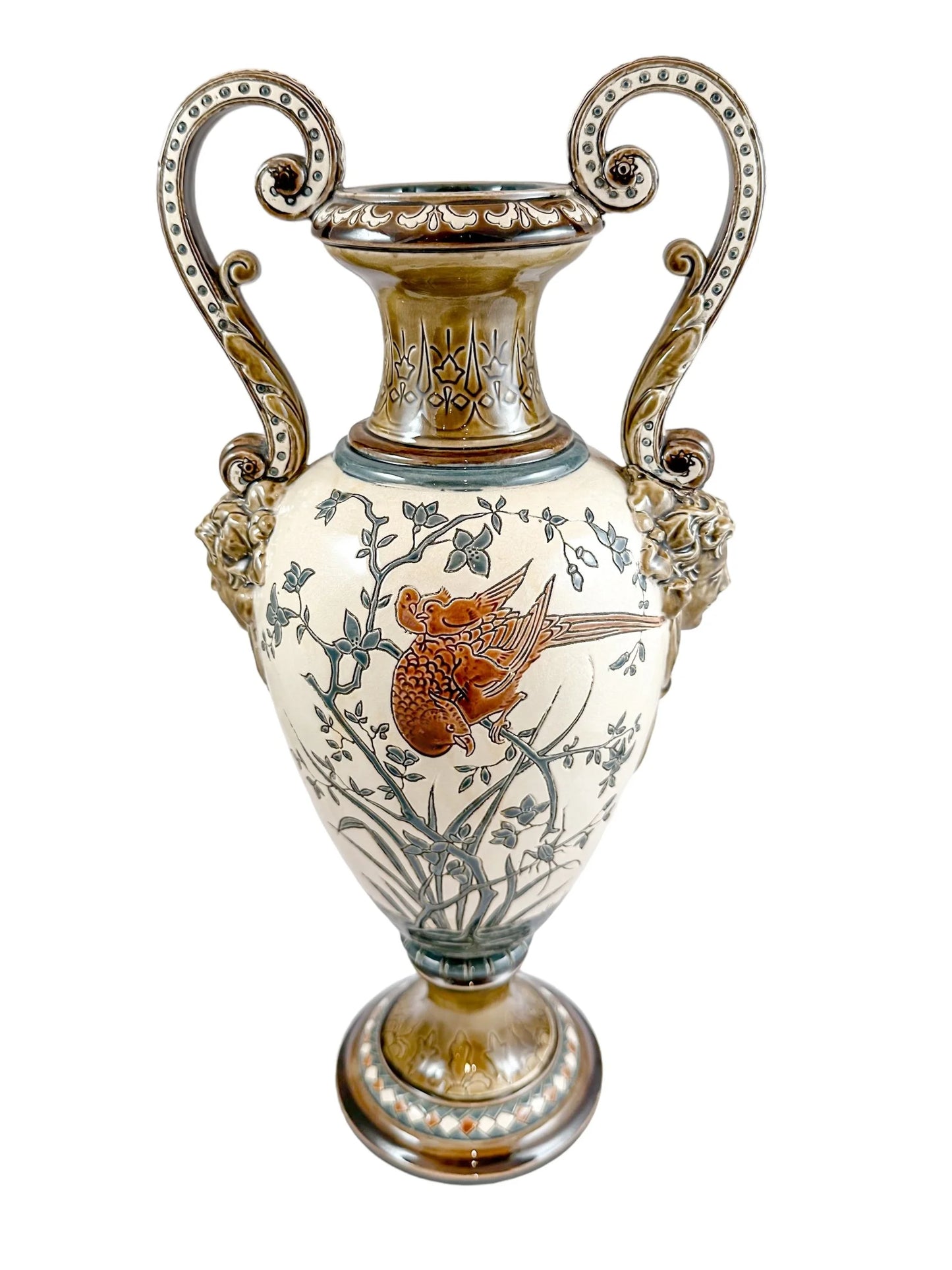 Art Nouveau majolica Gerbing & Stephan double handed vase, Japanese bird motif