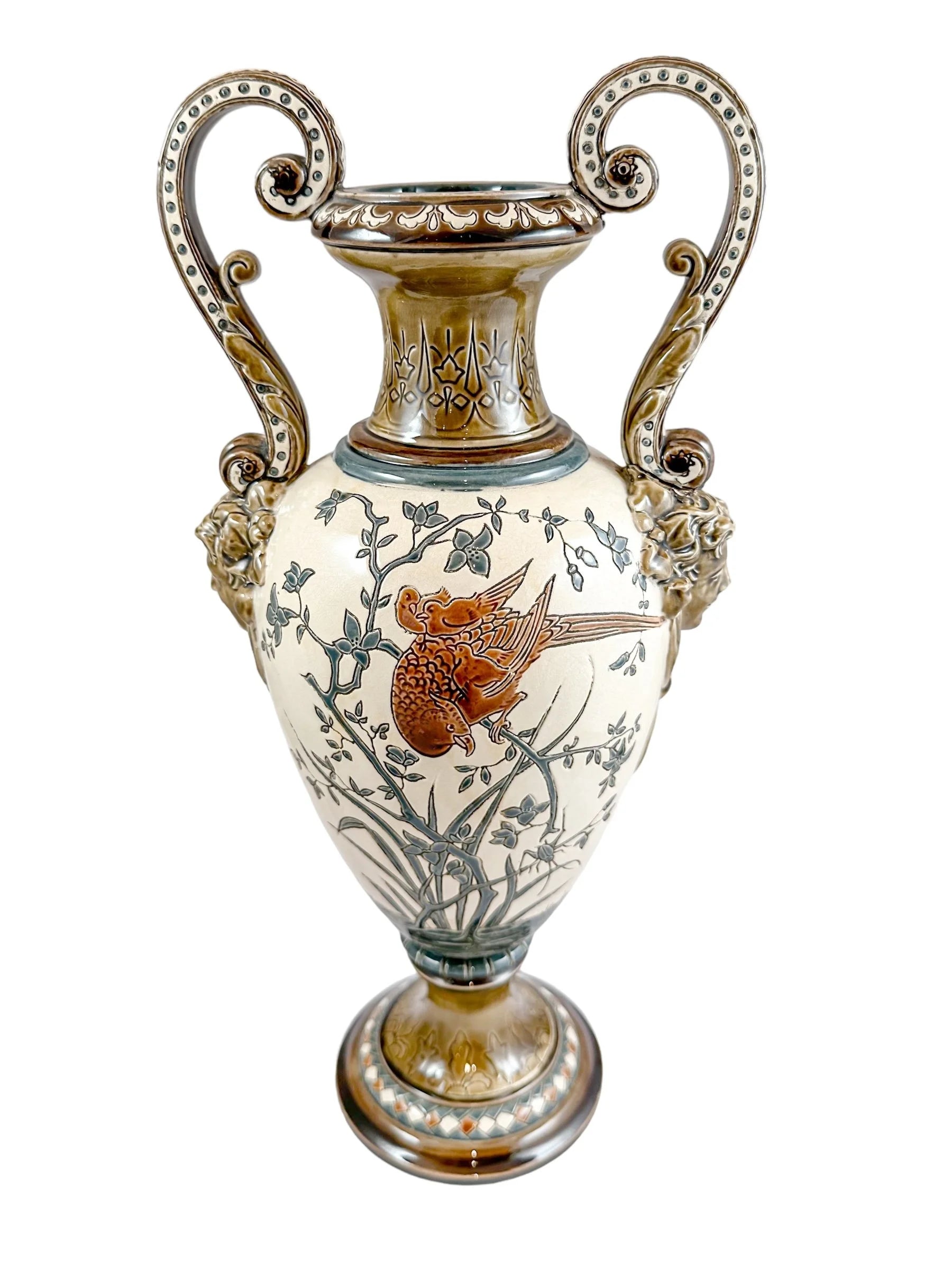 Art Nouveau majolica Gerbing & Stephan double handed vase, Japanese bird motif