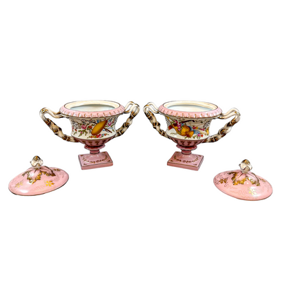 Rococo pair of Sèvres style ceramic blush pink pedestal lidded tureens