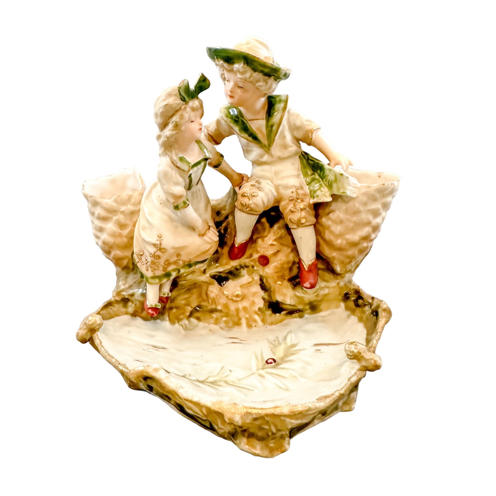Art Nouveau Ernst Wahliss figural double spill vase centrepiece with boy and girl