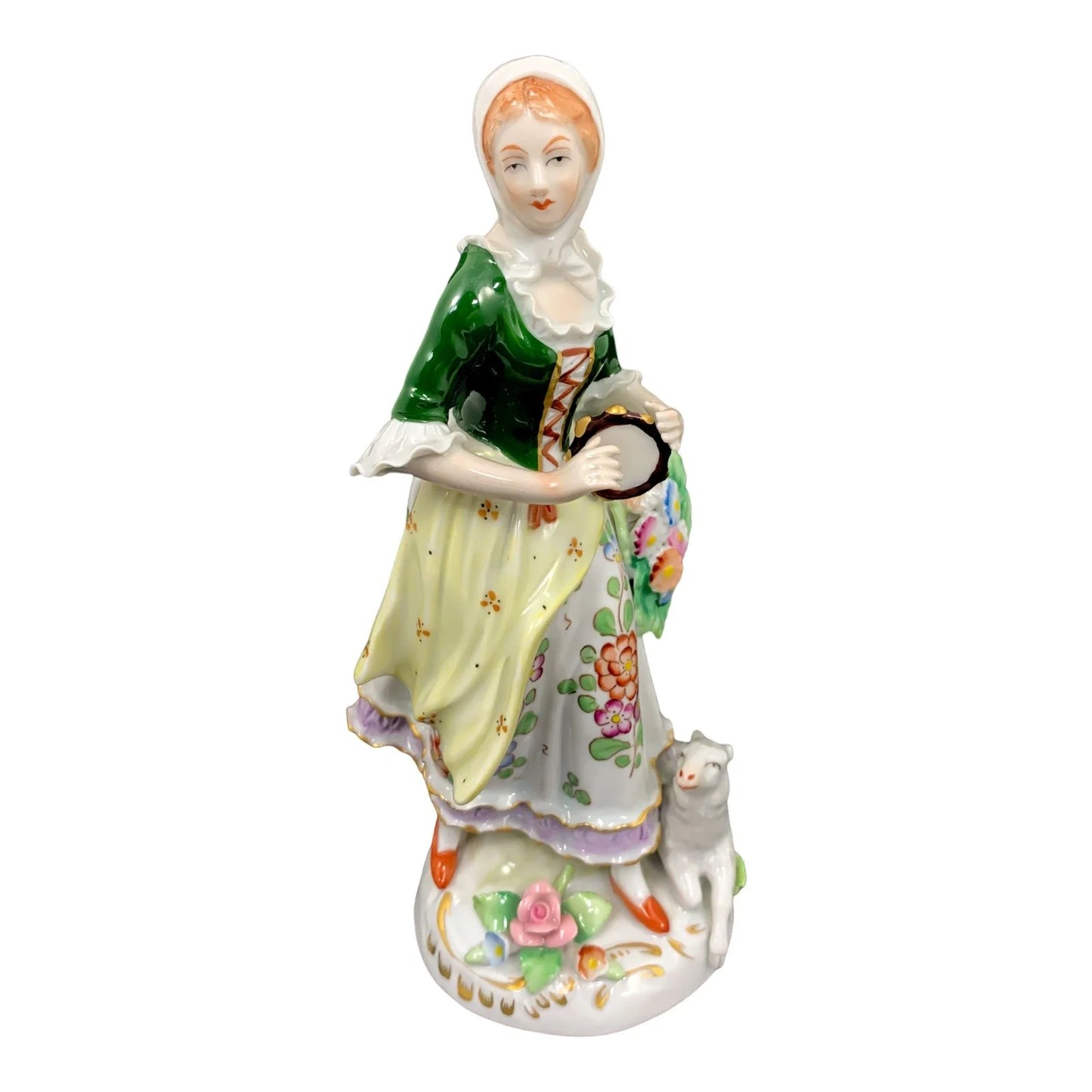 German porcelain Sitzendorf figurine of Georgian peasant girl with tambourine and sheep at her feet