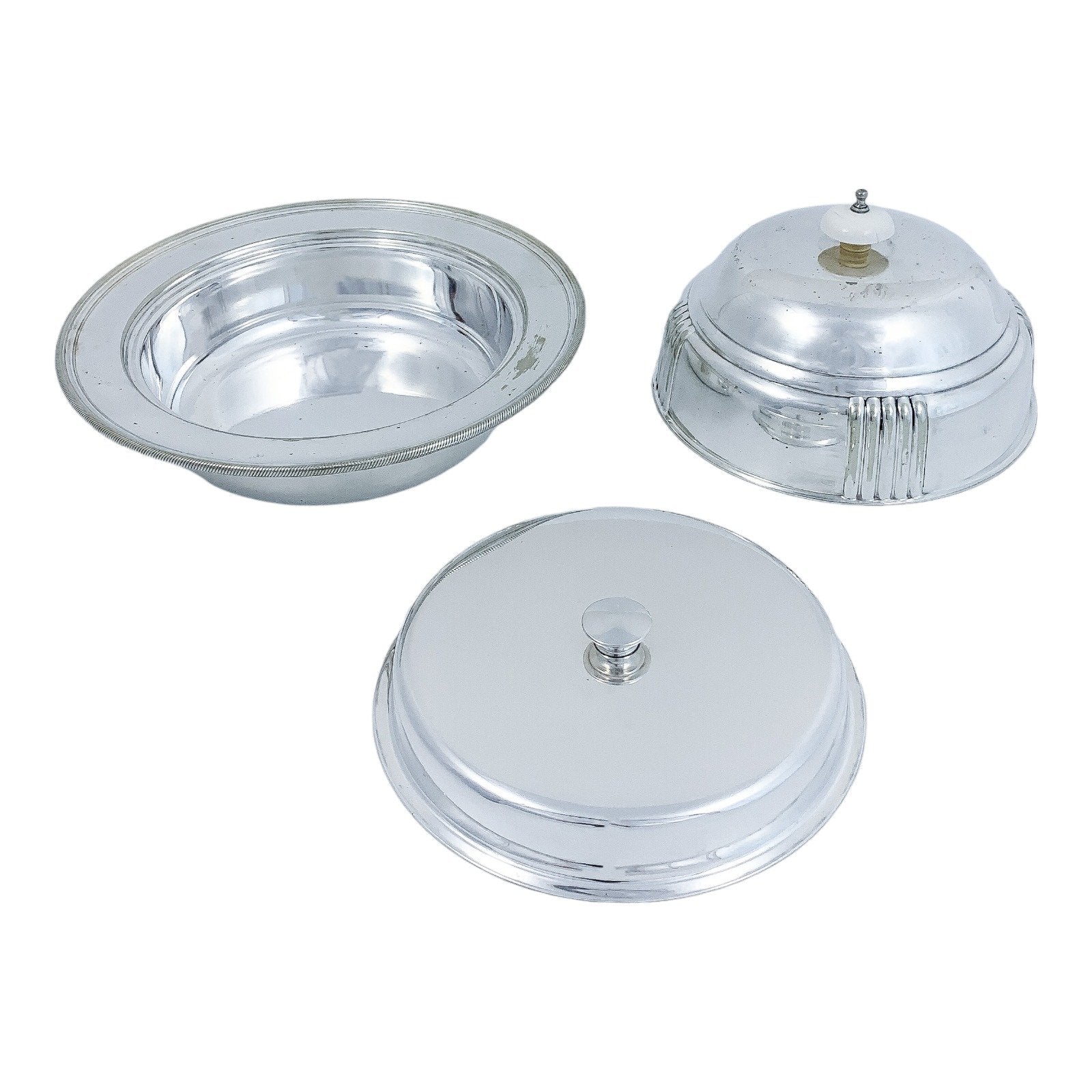 Art Deco silver plated round entrée serving tureen dish with original liner, Goldsmiths Co