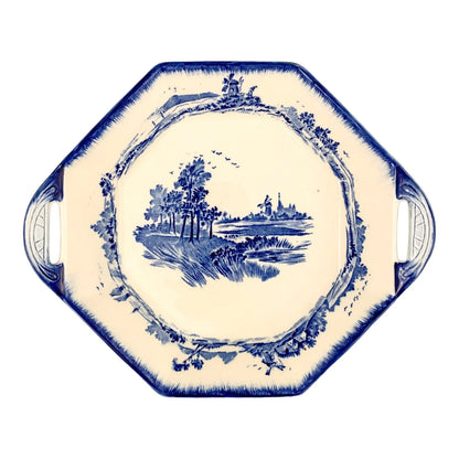 Pair of Royal Doulton serving platters, blue and white “Norfolk” windmill design, hexagonal dish