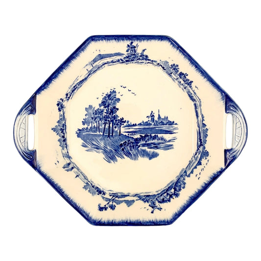 Pair of Royal Doulton serving platters, blue and white “Norfolk” windmill design, hexagonal dish