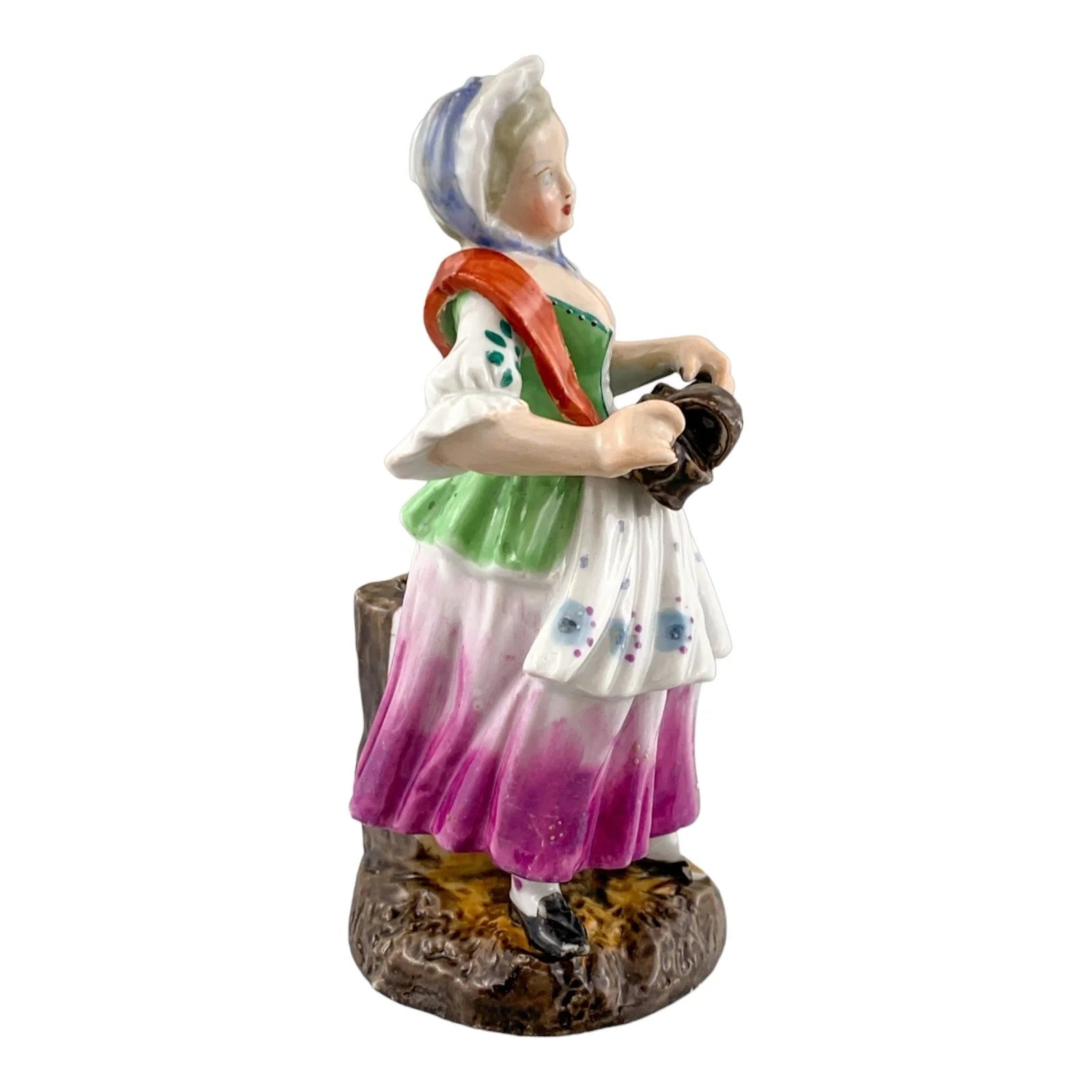 Victorian set of 3 German porcelain figurines – Regency dandy, fruit seller and musician