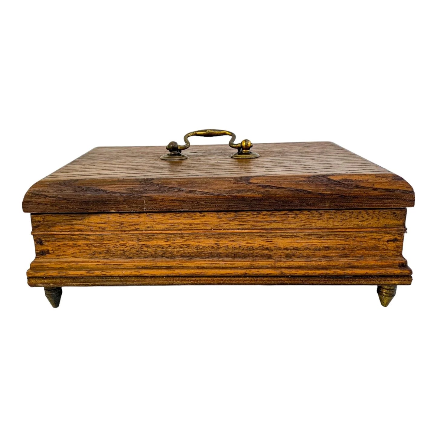 Edwardian casket oak sewing / jewellery storage box with removable lid